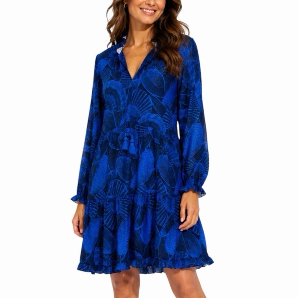 Cabana Life Dress Size XL Seashell Ruffle Tassel Long Sleeve Blue Coastal Swim